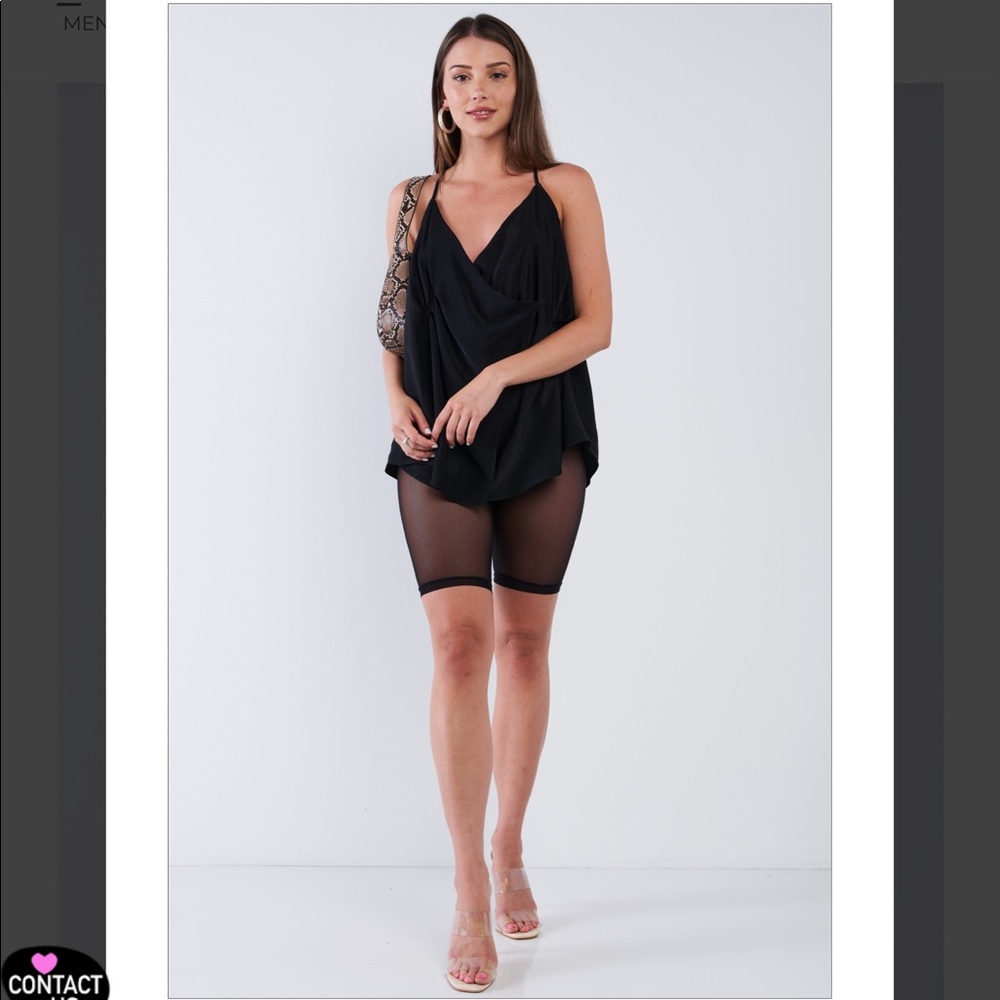 Black Satin Deep Plunge Double Wrap V-Neck Top - Picture 1 of 3